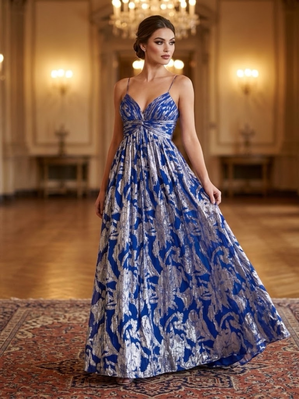 Aidan Mattox Royal Blue Silk Silver Metallic Maxi Dress Evening Women’s US 8